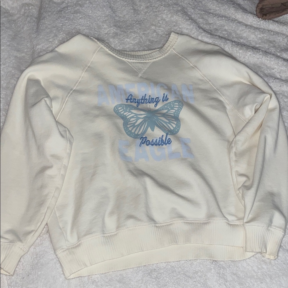 American Eagle Outfitters Cream Sweater with Blue Graphic